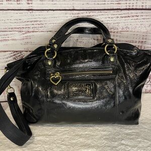 Coach Daisy Hobo Bag Black Patent Liquid Leather Cloth Straps Heart Zipper Y2K